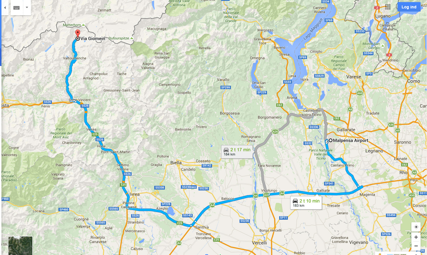 Driving directions from Malpensa airport to Cervinia